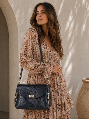 Roberta M. Italy Navy Croc Embossed Leather Crossbody Bag